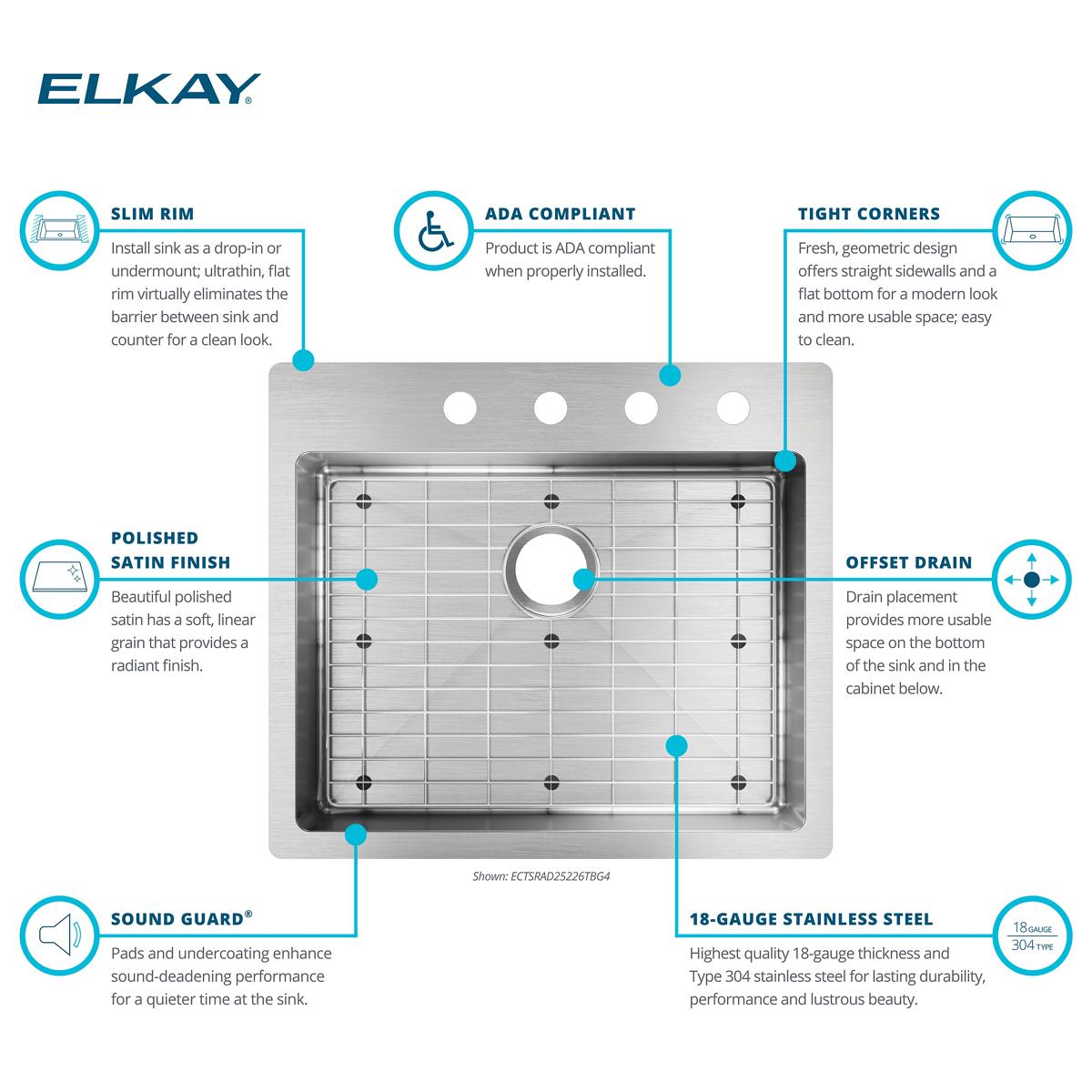 Elkay Crosstown 25" Dual Mount Stainless Steel ADA Kitchen Sink Kit, Single Bowl, 18 Gauge, Polished Satin, 4 Faucet Hole, ECTSRAD25226TBG4
