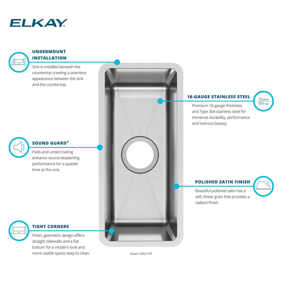 Elkay Crosstown 10" Stainless Steel Kitchen Sink, 16 Gauge, Polished Satin, EFRU718T