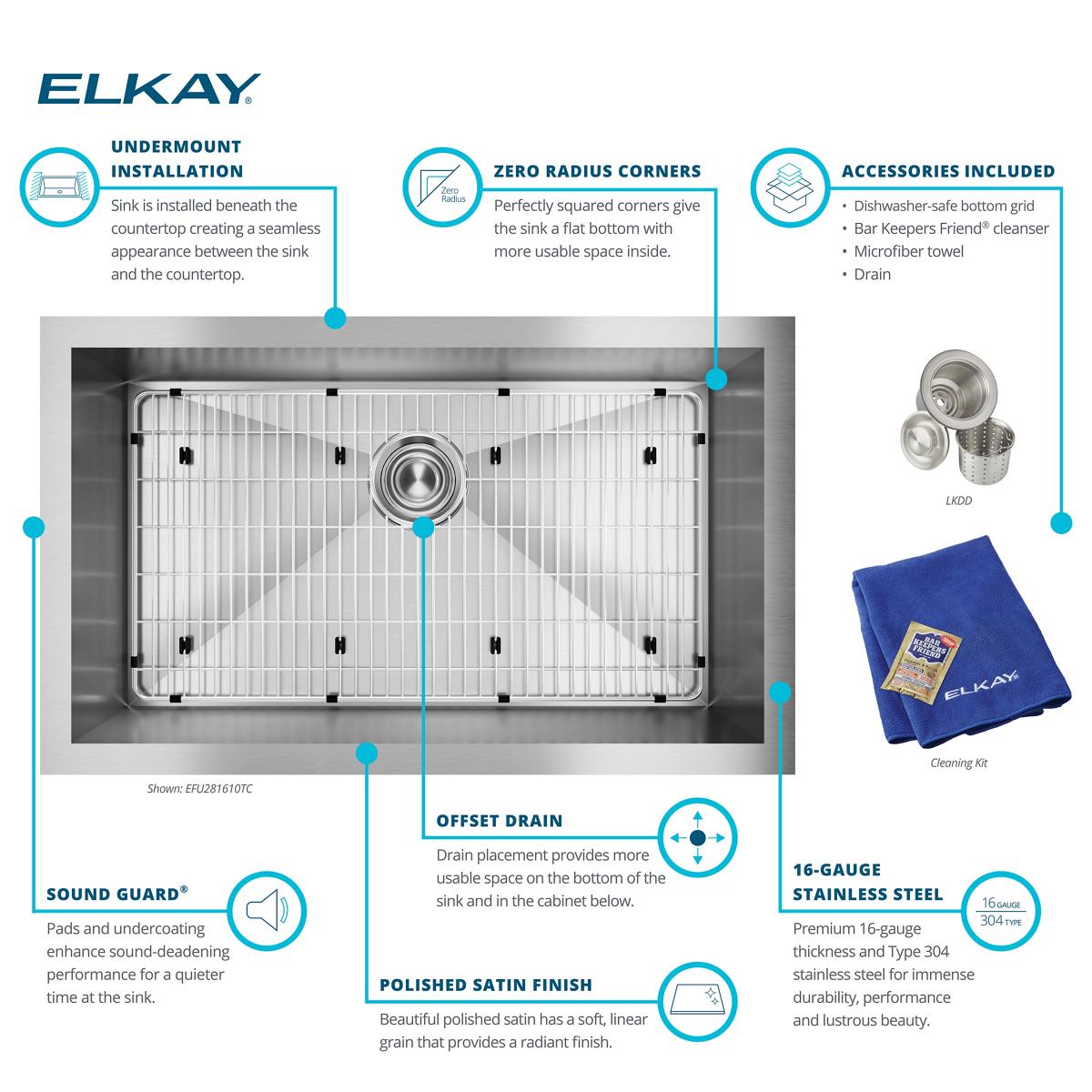 Elkay Crosstown 31" Stainless Steel Kitchen Sink, 16 Gauge, Polished Satin, EFU281610TC
