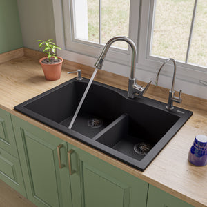 Alternate Image for ALFI Black 33" Double Bowl Drop In Granite Composite Kitchen Sink, AB3320DI-BLA
