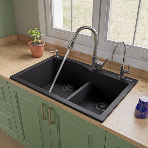 ALFI Black 33" Double Bowl Drop In Granite Composite Kitchen Sink, AB3320DI-BLA