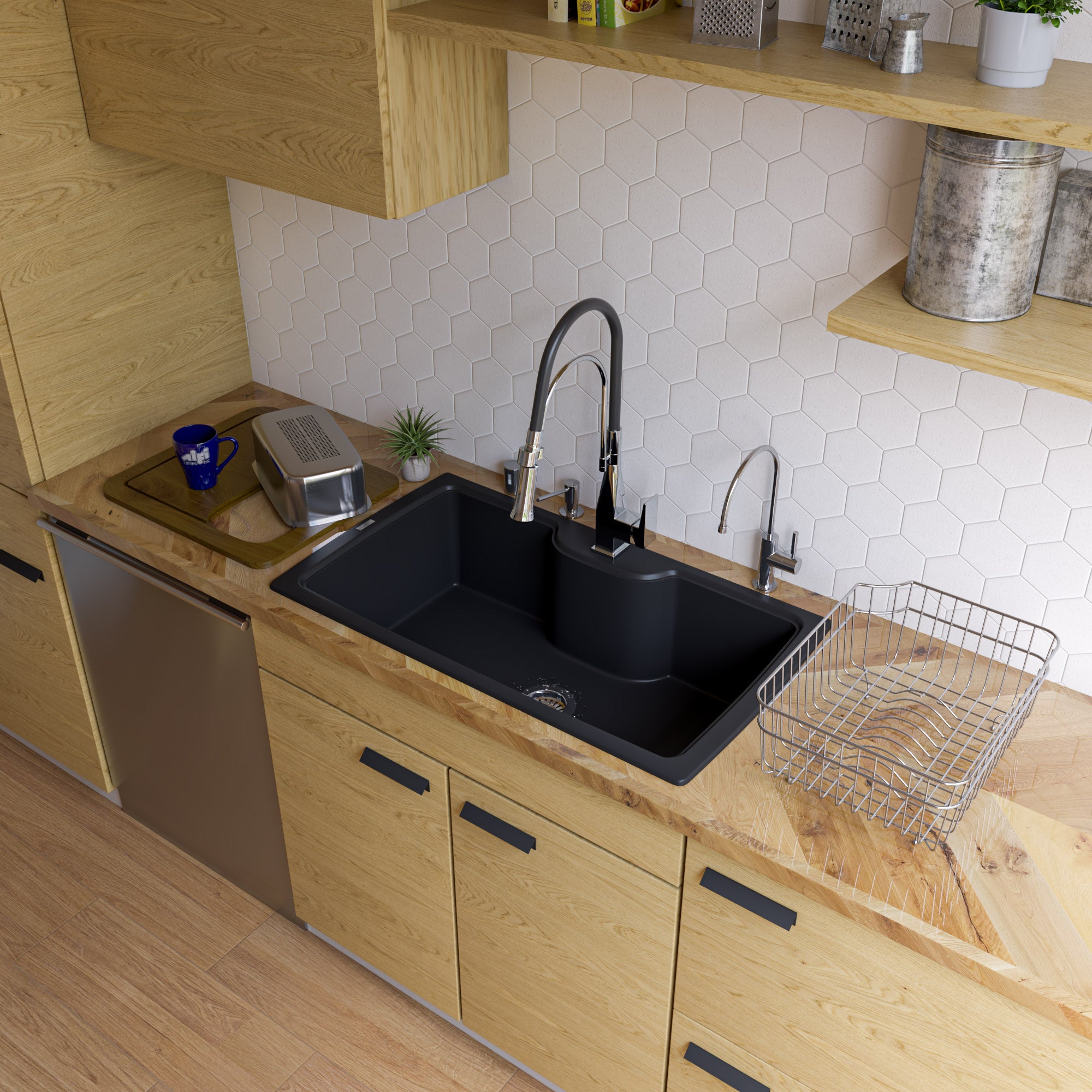 ALFI Black 35" Drop-In Single Bowl Granite Composite Kitchen Sink, AB3520DI-BLA