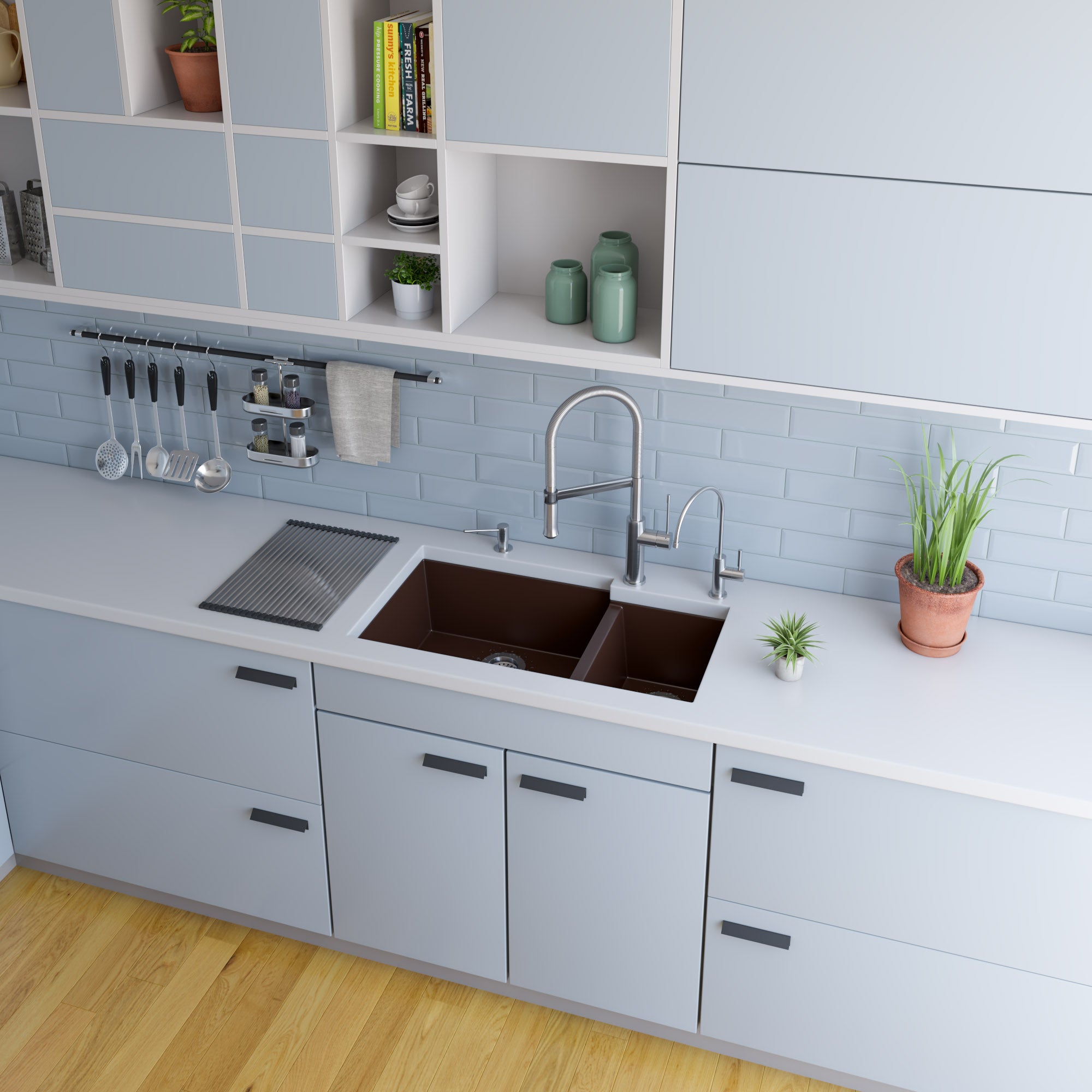 Alternate Image for ALFI brand AB3319UM-C Chocolate 34" Double Bowl Undermount Granite Composite Kitchen Sink