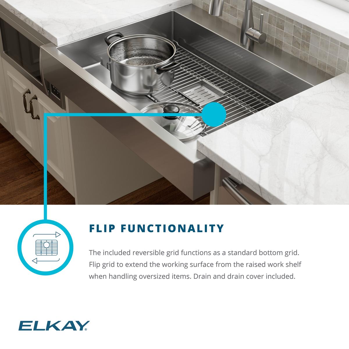 Elkay 33" Stainless Steel ADA Workstation Farmhouse Sink, Polished Satin, ELDSSF33279DBG - The Sink Boutique
