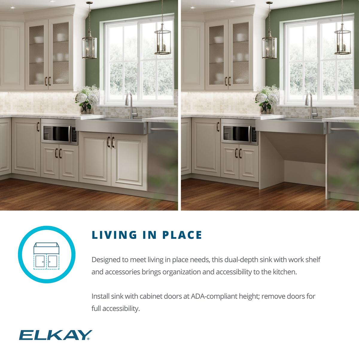 Elkay 33" Stainless Steel ADA Workstation Farmhouse Sink, Polished Satin, ELDSSF33279DBG - The Sink Boutique