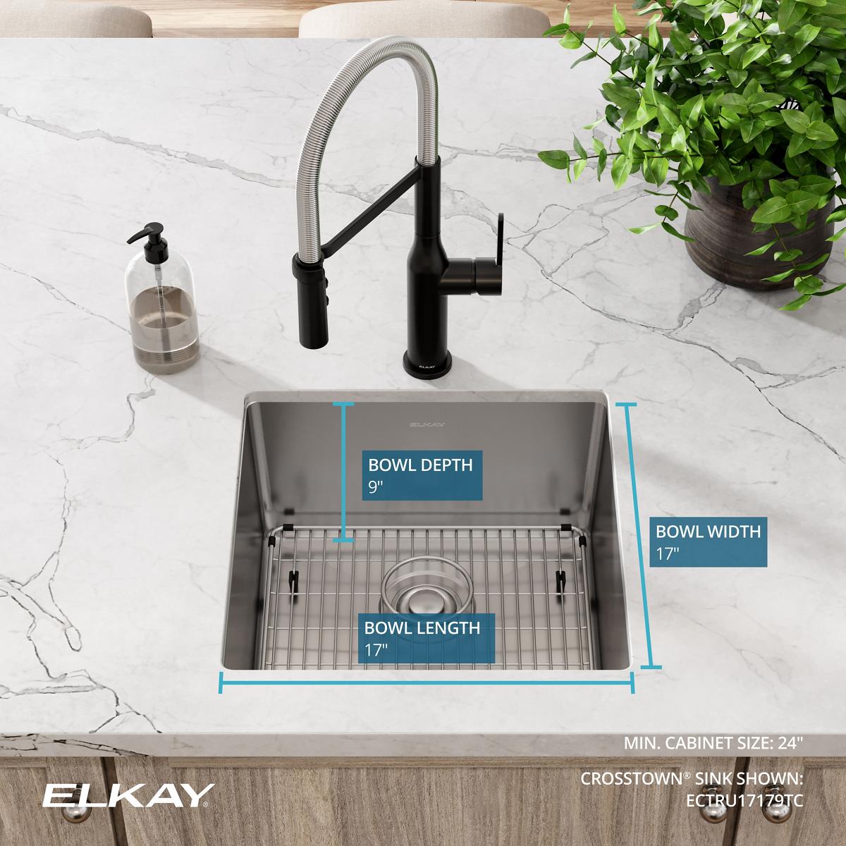 Elkay Crosstown 19" Stainless Steel Kitchen Sink, 18 Gauge, Polished Satin, ECTRU17179TC
