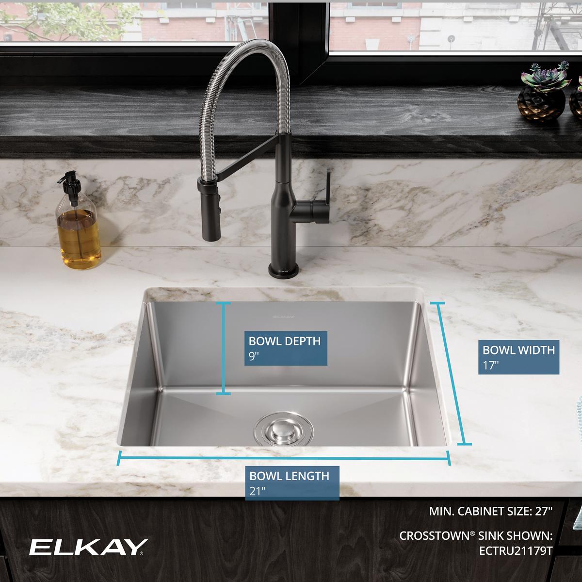 Elkay Crosstown 23" Stainless Steel Kitchen Sink, 18 Gauge, Polished Satin, ECTRU21179T