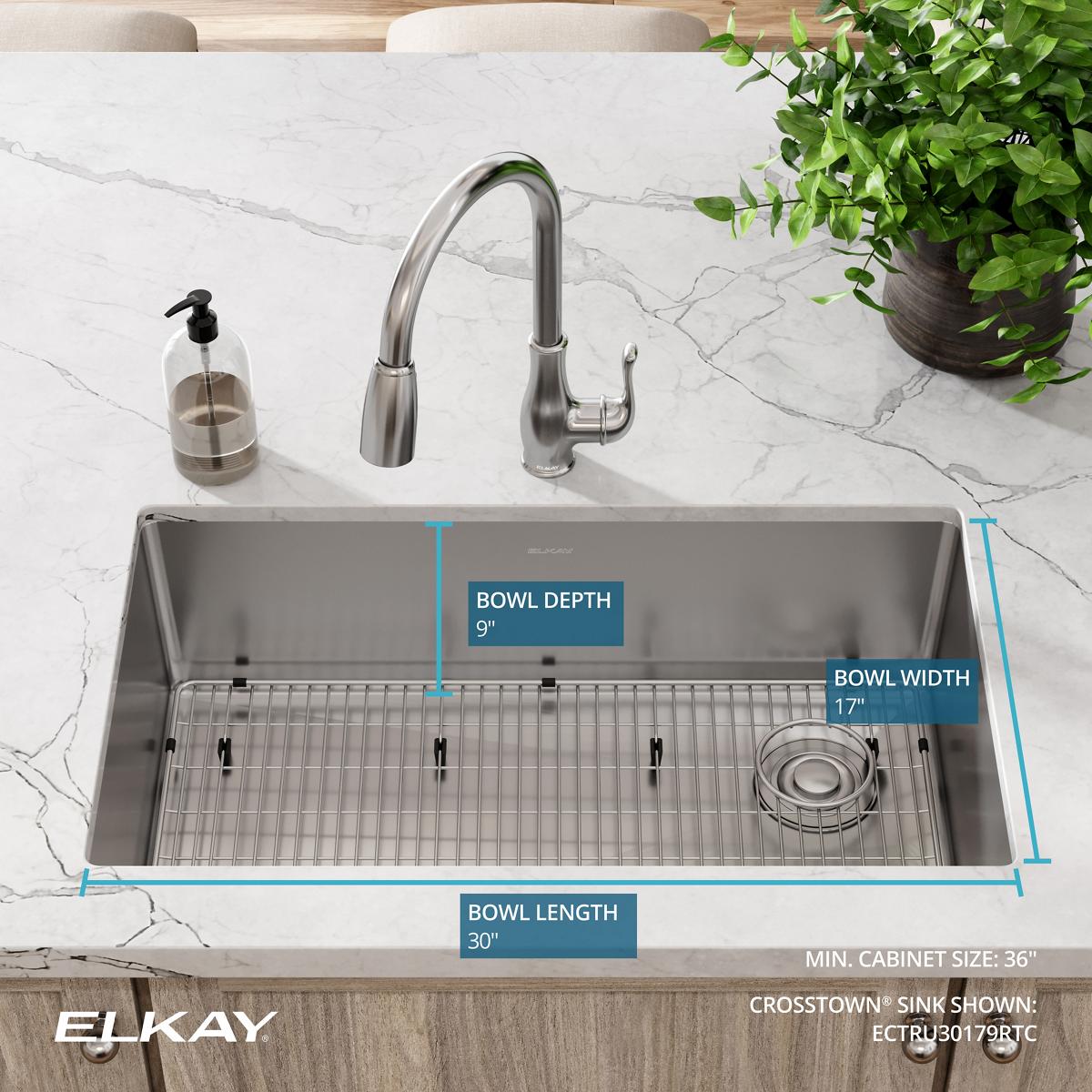 Elkay Crosstown 32" Stainless Steel Kitchen Sink, 18 Gauge, Polished Satin, ECTRU30179RTC