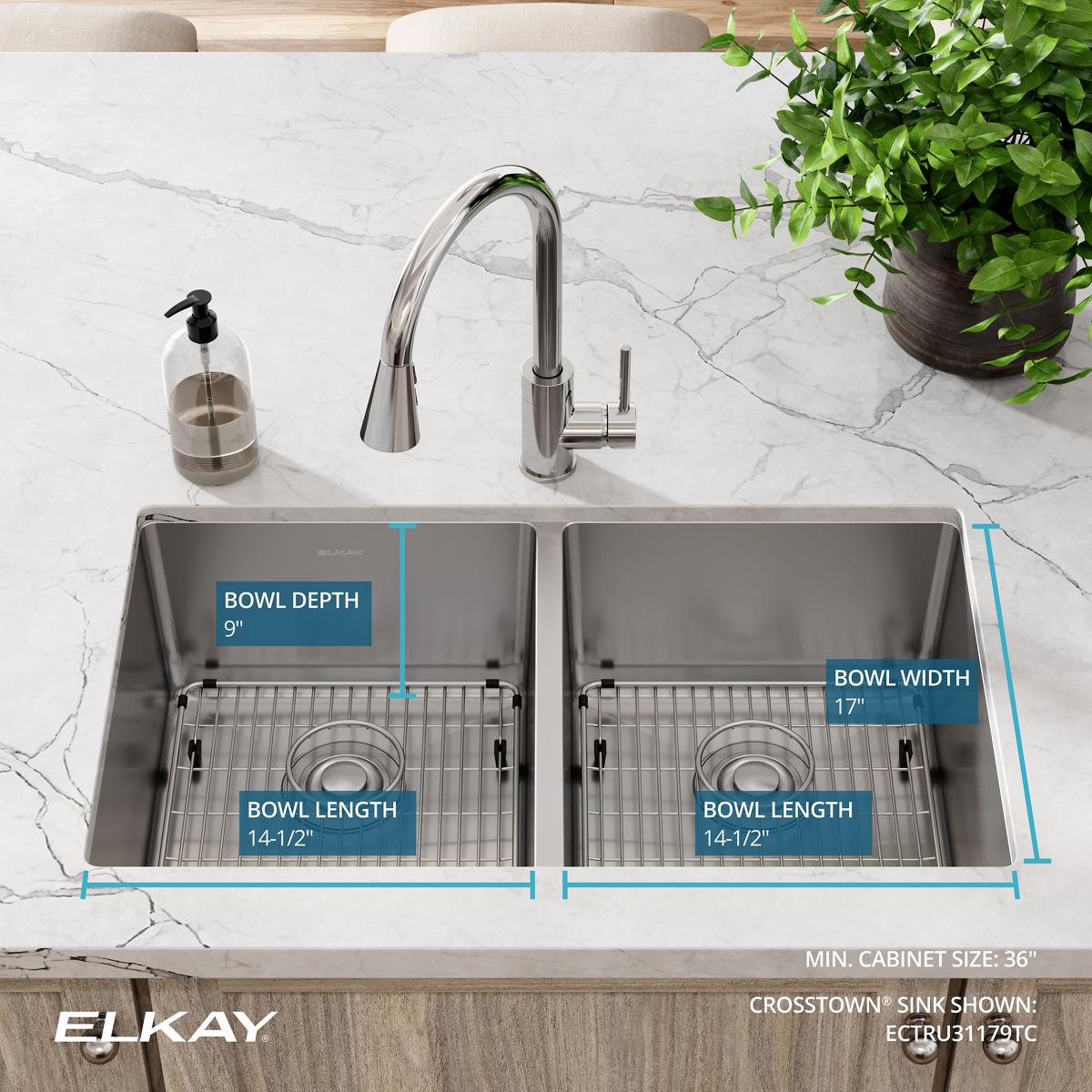 Elkay Crosstown 32" Stainless Steel Kitchen Sink, 50/50 Double Bowl, 18 Gauge, Polished Satin, ECTRU31179TC