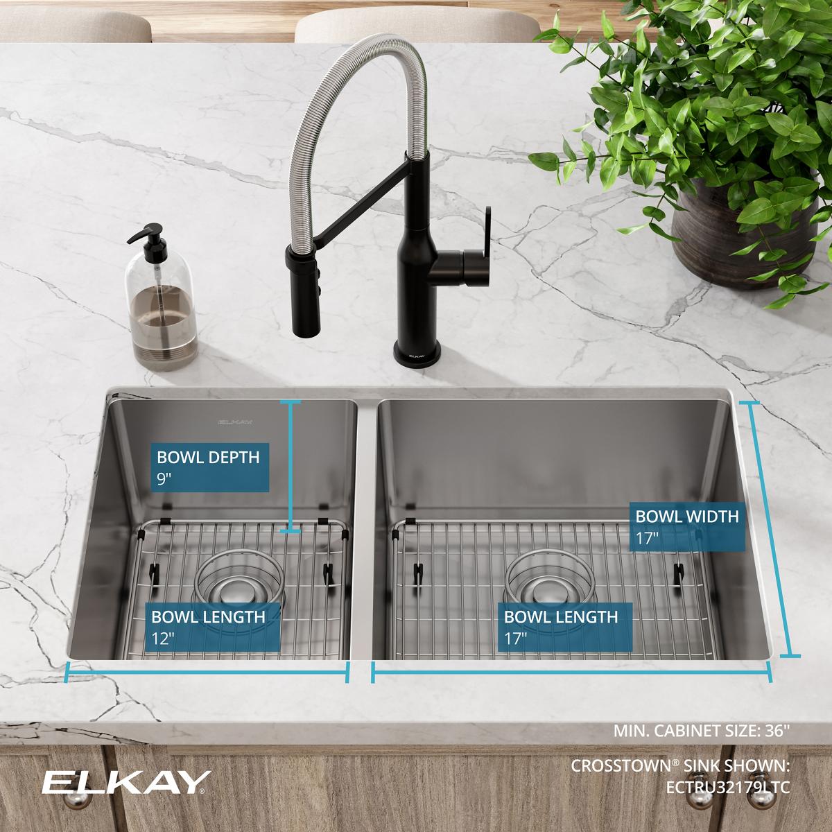 Elkay Crosstown 32" Stainless Steel Kitchen Sink, 40/60 Double Bowl, 18 Gauge, Polished Satin, ECTRU32179LTC