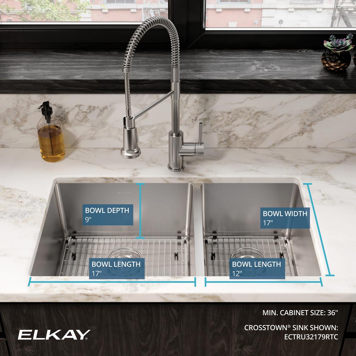 Elkay Crosstown 32" Stainless Steel Kitchen Sink, 60/40 Double Bowl, 18 Gauge, Polished Satin, ECTRU32179RTC