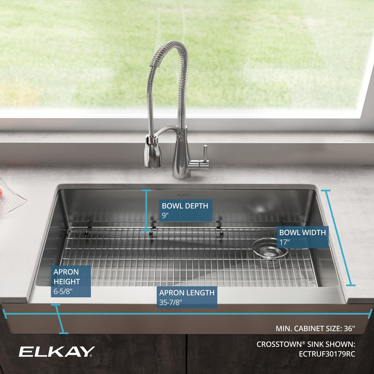 Elkay Crosstown 36" Stainless Steel Farmhouse Kitchen Sink, 18 Gauge, Polished Satin, ECTRUF30179RC