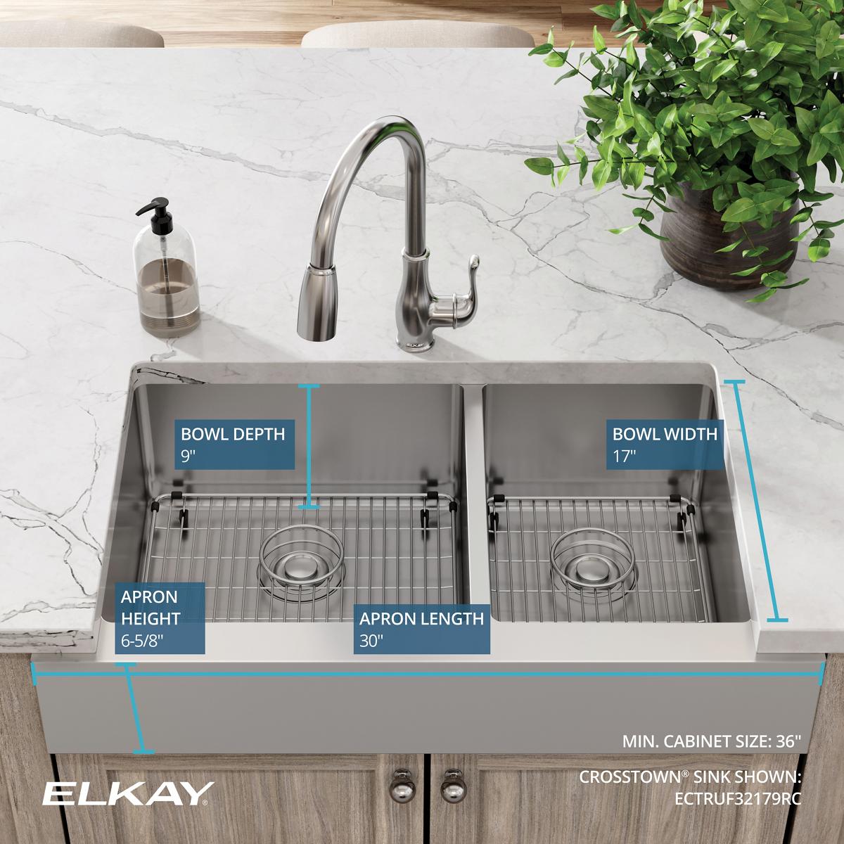 Elkay Crosstown 36" Stainless Steel Farmhouse Kitchen Sink, 60/40 Double Bowl, 18 Gauge, Polished Satin, ECTRUF32179RC