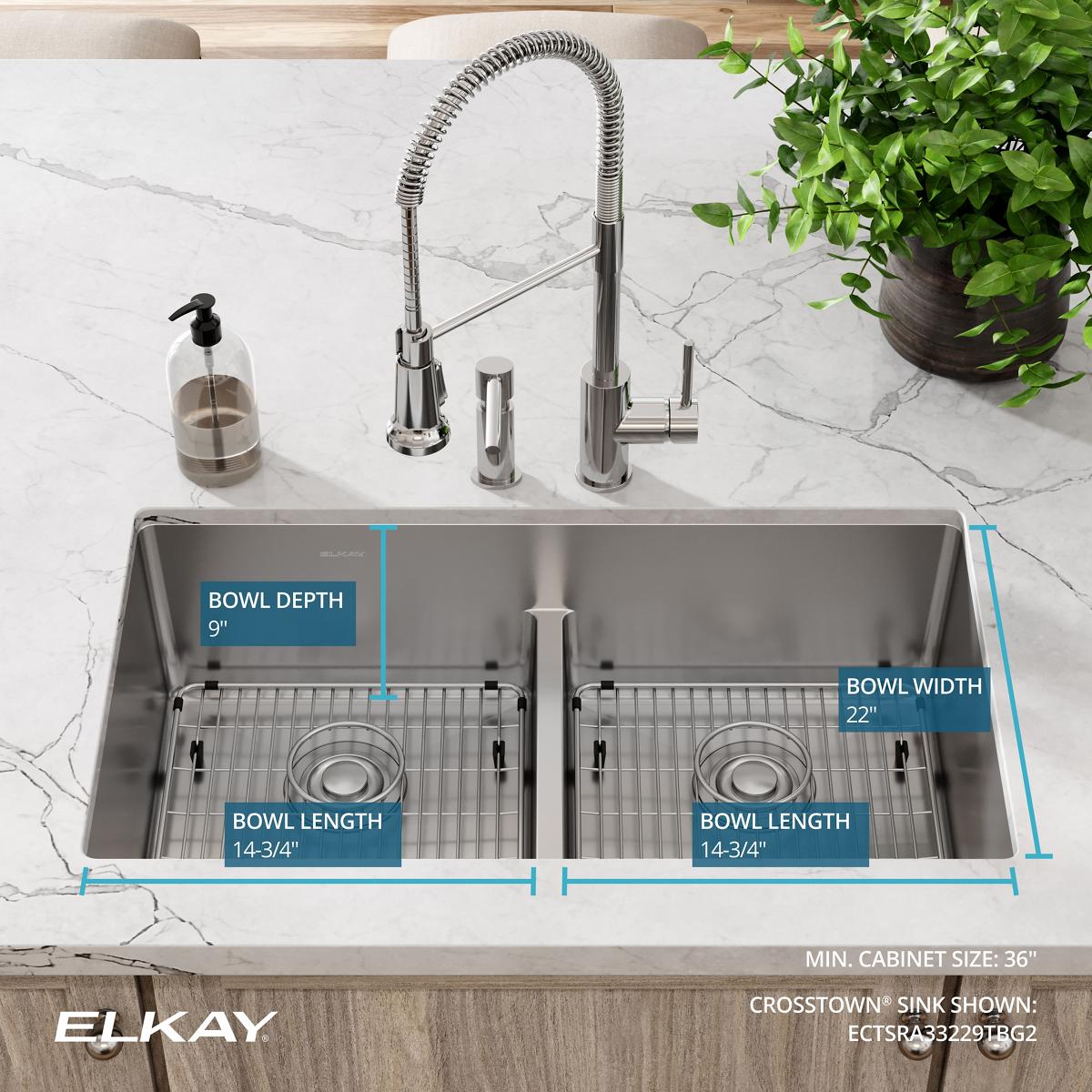 Elkay Crosstown 33" Stainless Steel Kitchen Sink, 50/50 Double Bowl, 18 Gauge, Sink Kit, Polished Satin, 2 Faucet Hole, ECTSRA33229TBG2