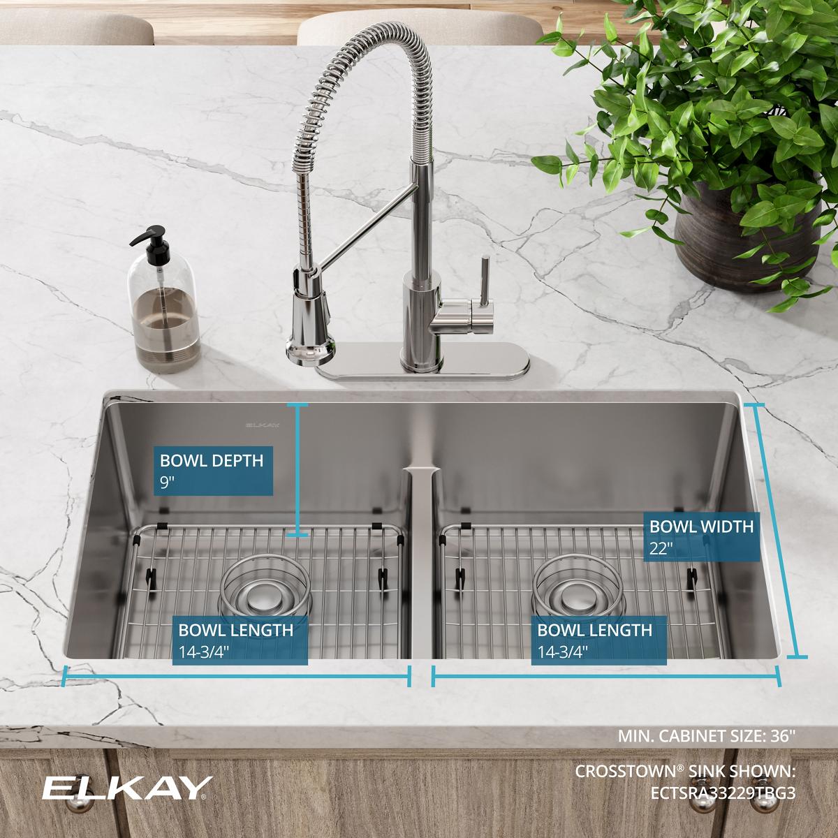 Elkay Crosstown 33" Stainless Steel Kitchen Sink, 50/50 Double Bowl, 18 Gauge, Sink Kit, Polished Satin, 3 Faucet Hole, ECTSRA33229TBG3