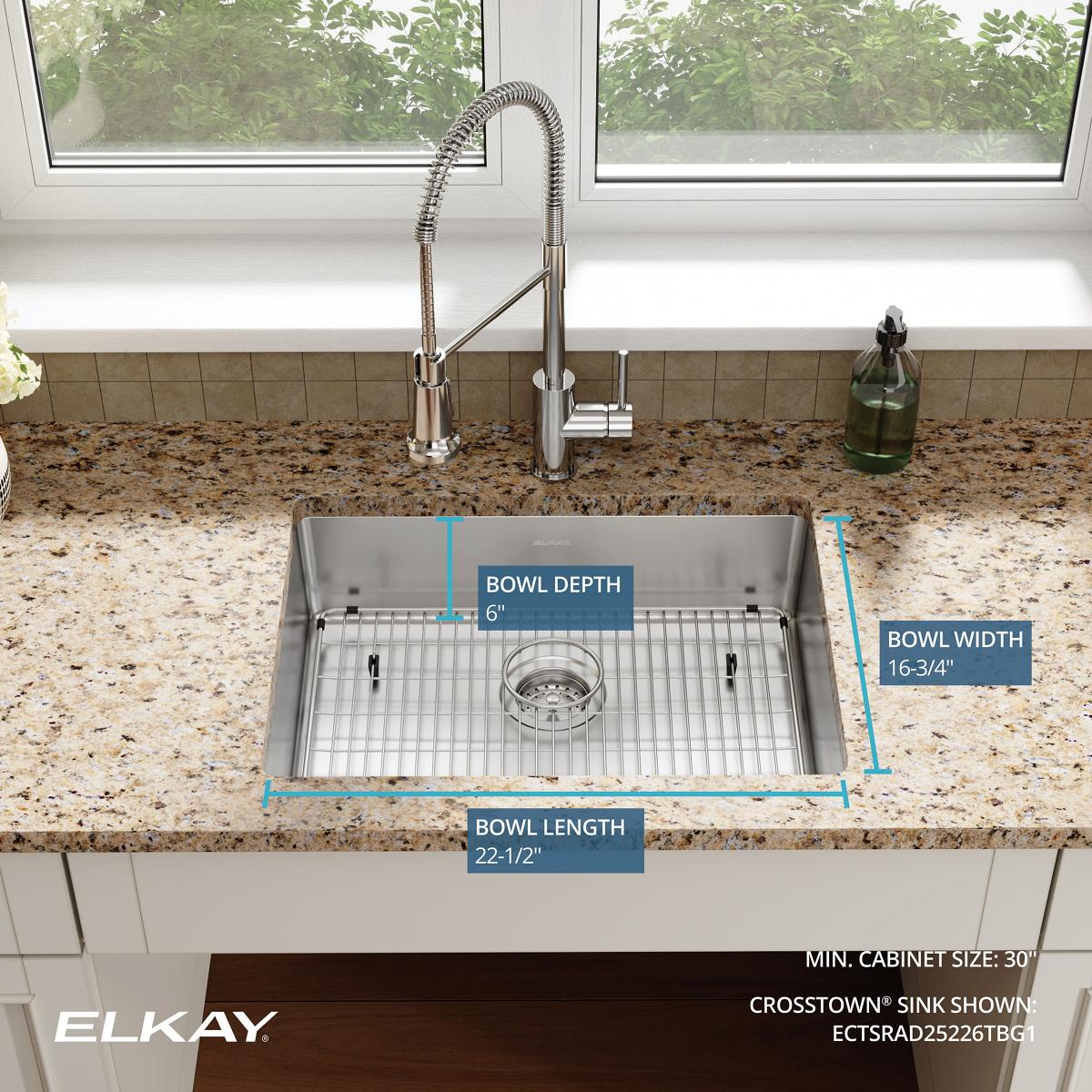 Elkay Crosstown 25" Dual Mount Stainless Steel ADA Kitchen Sink Kit, Single Bowl, Polished Satin, 1 Faucet Hole, ECTSRAD25226TBG1