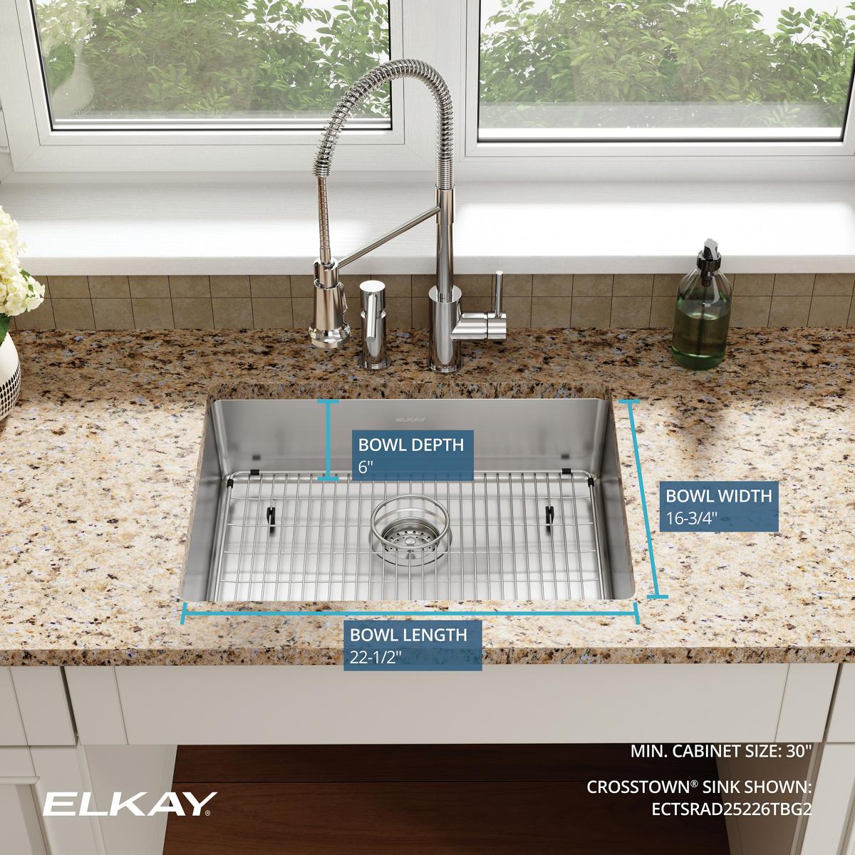 Elkay Crosstown 25" Stainless Steel Kitchen Sink Kit, Polished Satin, 2 Faucet Hole, ECTSRAD25226TBG2