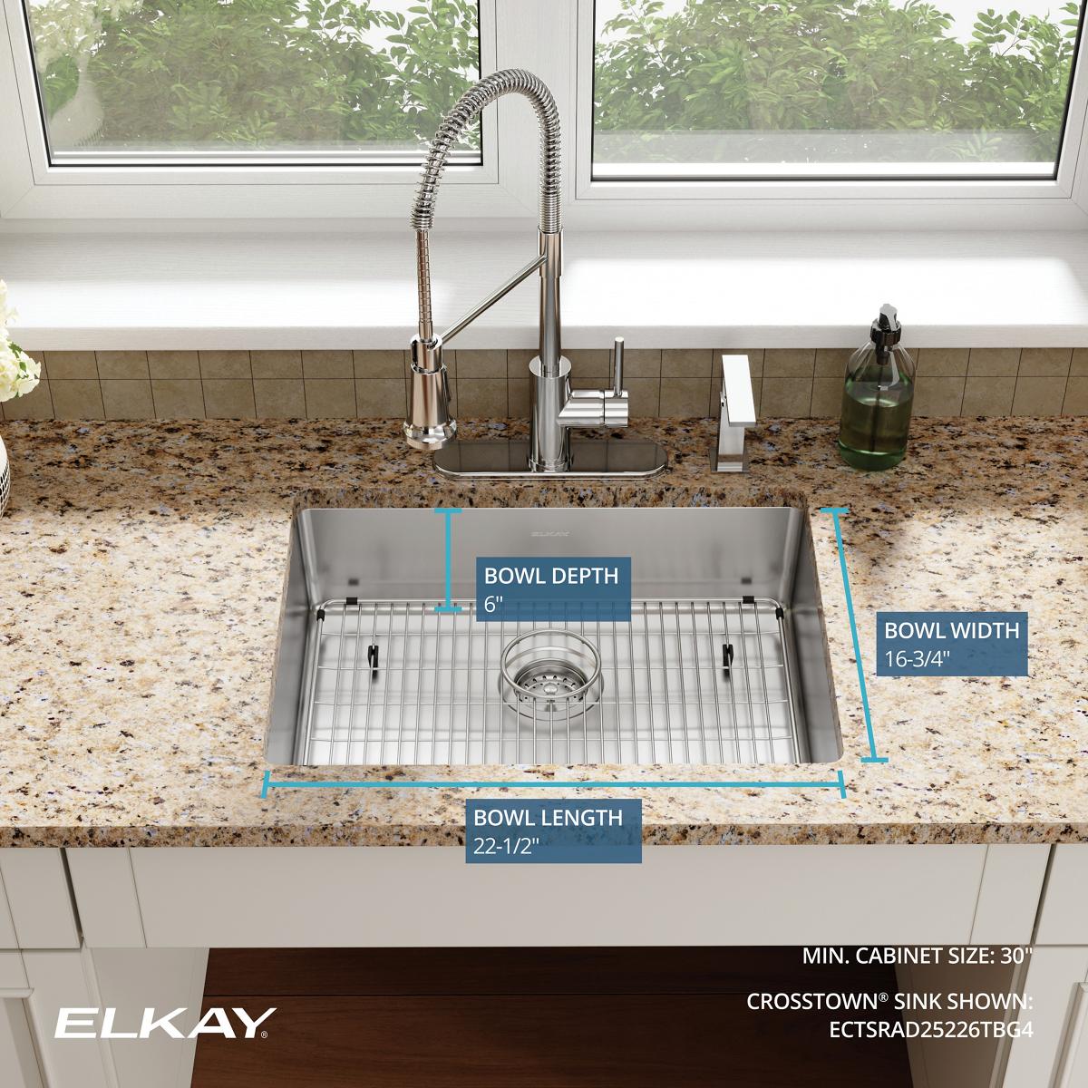 Elkay Crosstown 25" Dual Mount Stainless Steel ADA Kitchen Sink Kit, Single Bowl, 18 Gauge, Polished Satin, 4 Faucet Hole, ECTSRAD25226TBG4