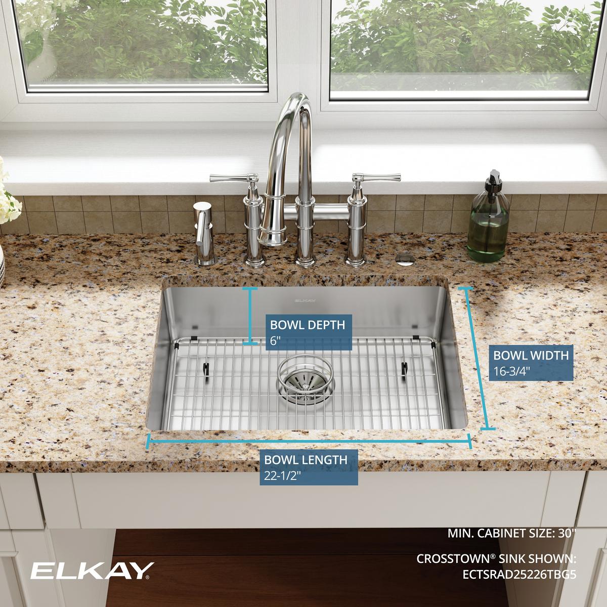 Elkay Crosstown 25" Stainless Steel Kitchen Sink Kit, Polished Satin, 5 Faucet Hole, ECTSRAD25226TBG5