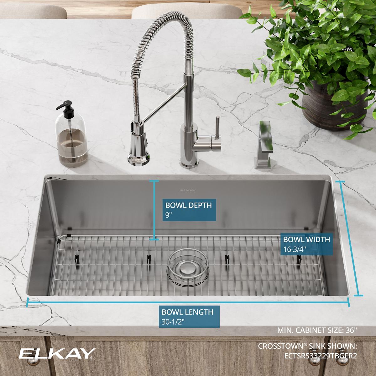 Elkay Crosstown 33" Stainless Steel Kitchen Sink Kit, Polished Satin, FR2 Faucet Hole, ECTSRS33229TBGFR2