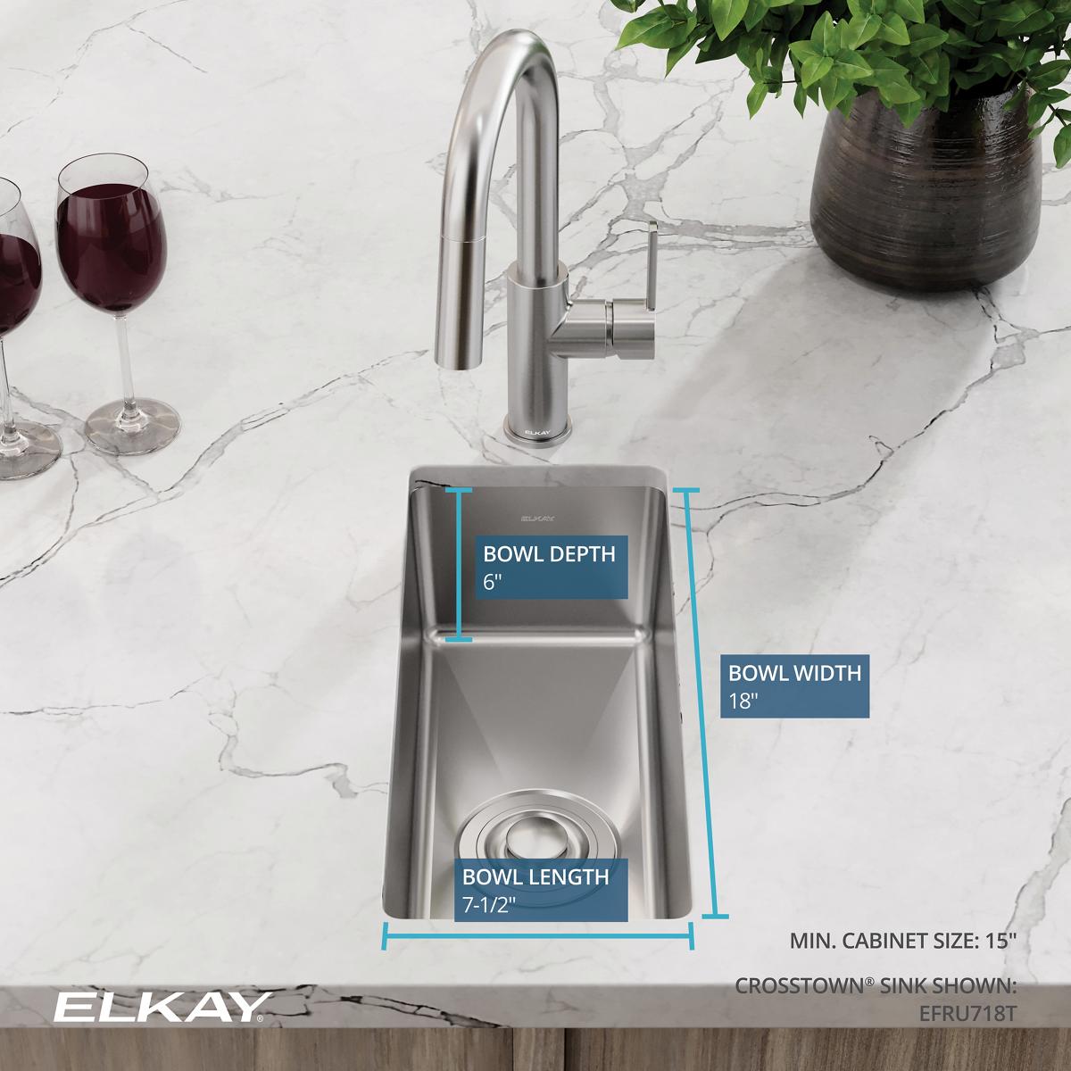 Elkay Crosstown 10" Stainless Steel Kitchen Sink, 16 Gauge, Polished Satin, EFRU718T