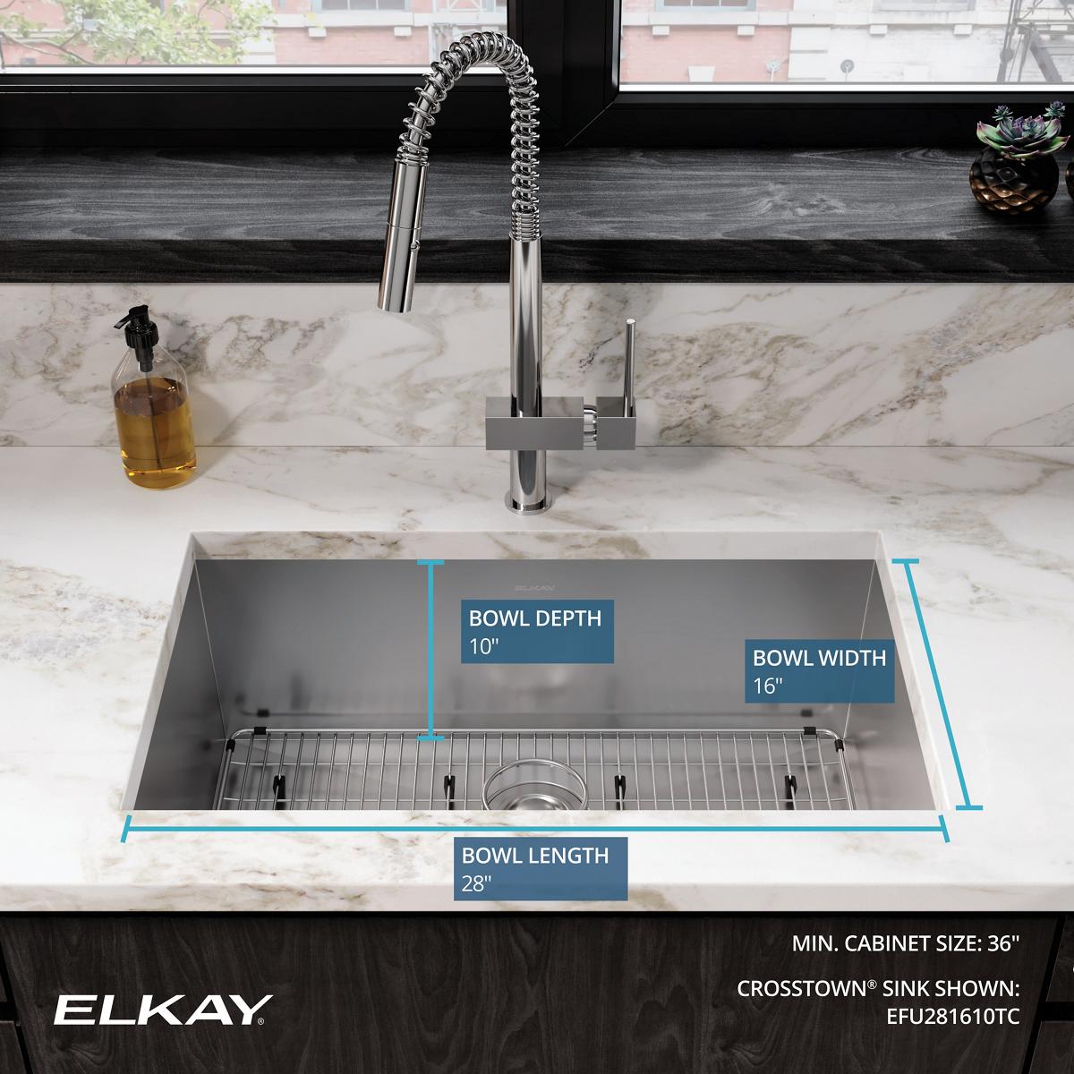 Elkay Crosstown 31" Stainless Steel Kitchen Sink, 16 Gauge, Polished Satin, EFU281610TC
