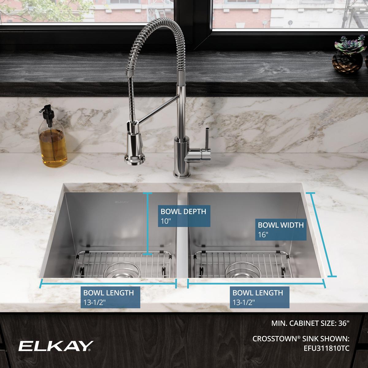 Elkay Crosstown 31" Stainless Steel Kitchen Sink, 50/50 Double Bowl, 16 Gauge, Polished Satin, EFU311810TC