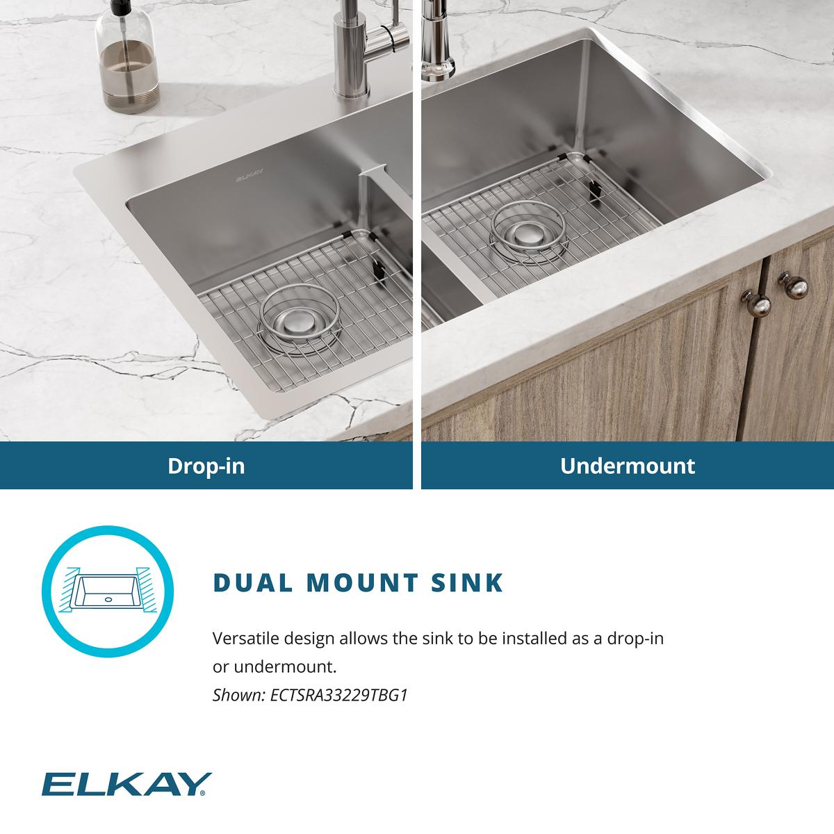 Elkay Crosstown 33" Stainless Steel Kitchen Sink, 50/50 Double Bowl, 18 Gauge, Sink Kit, Polished Satin, 1 Faucet Hole, ECTSRA33229TBG1