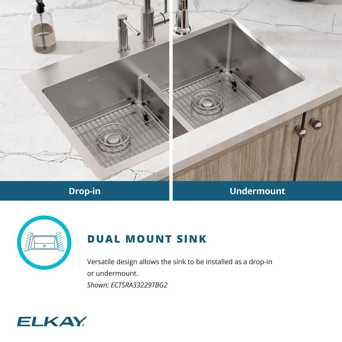 Elkay Crosstown 33" Stainless Steel Kitchen Sink, 50/50 Double Bowl, 18 Gauge, Sink Kit, Polished Satin, 2 Faucet Hole, ECTSRA33229TBG2