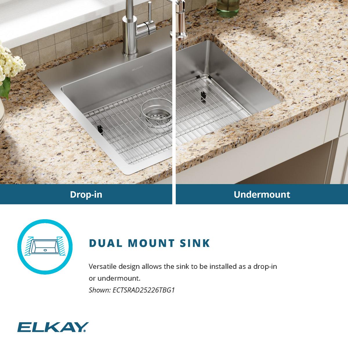 Elkay Crosstown 25" Dual Mount Stainless Steel ADA Kitchen Sink Kit, Single Bowl, Polished Satin, 1 Faucet Hole, ECTSRAD25226TBG1