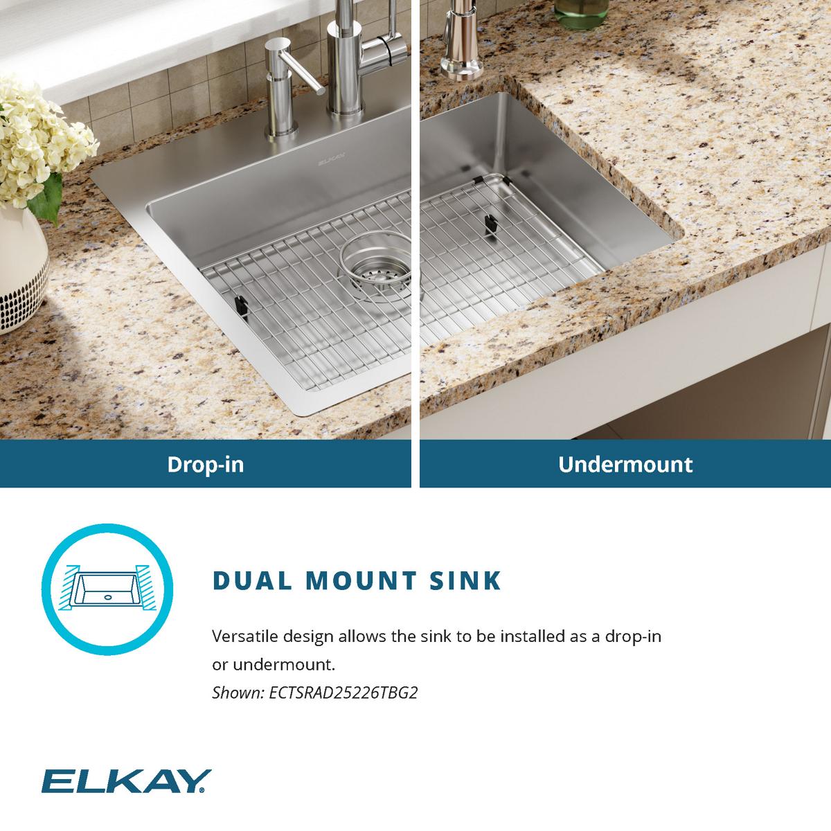 Elkay Crosstown 25" Stainless Steel Kitchen Sink Kit, Polished Satin, 2 Faucet Hole, ECTSRAD25226TBG2