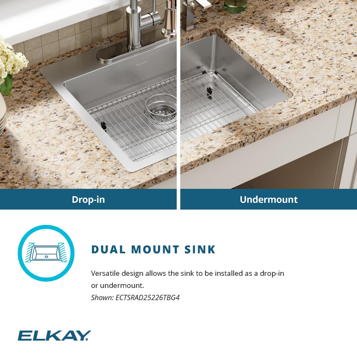 Elkay Crosstown 25" Dual Mount Stainless Steel ADA Kitchen Sink Kit, Single Bowl, 18 Gauge, Polished Satin, 4 Faucet Hole, ECTSRAD25226TBG4