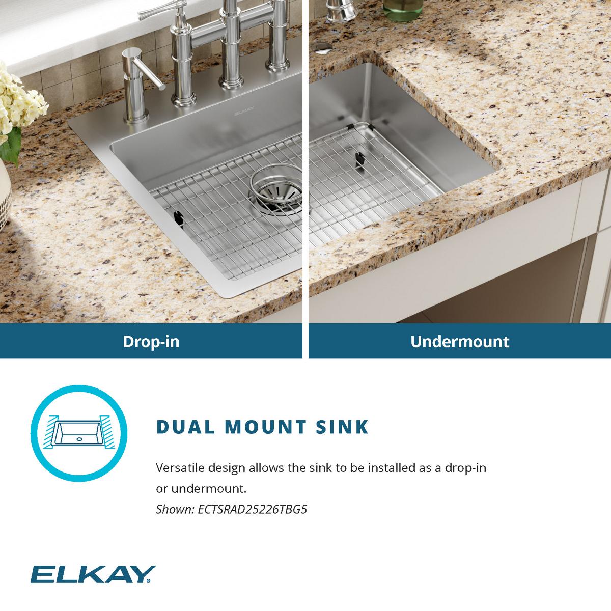 Elkay Crosstown 25" Stainless Steel Kitchen Sink Kit, Polished Satin, 5 Faucet Hole, ECTSRAD25226TBG5