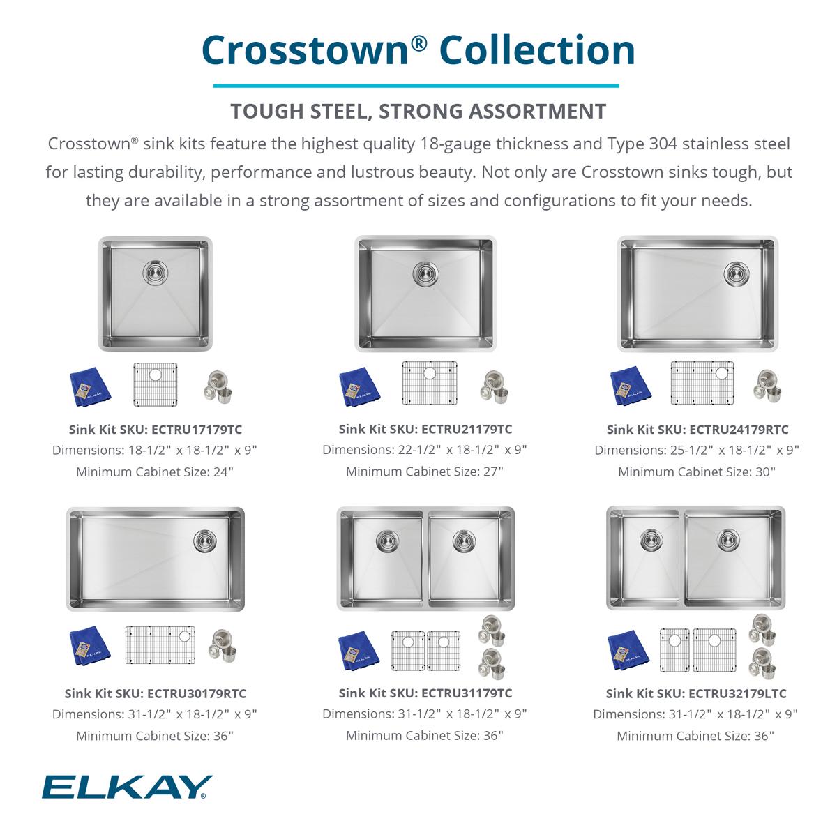 Elkay Crosstown 32" Stainless Steel Kitchen Sink, 40/60 Double Bowl, 18 Gauge, Polished Satin, ECTRU32179LTC