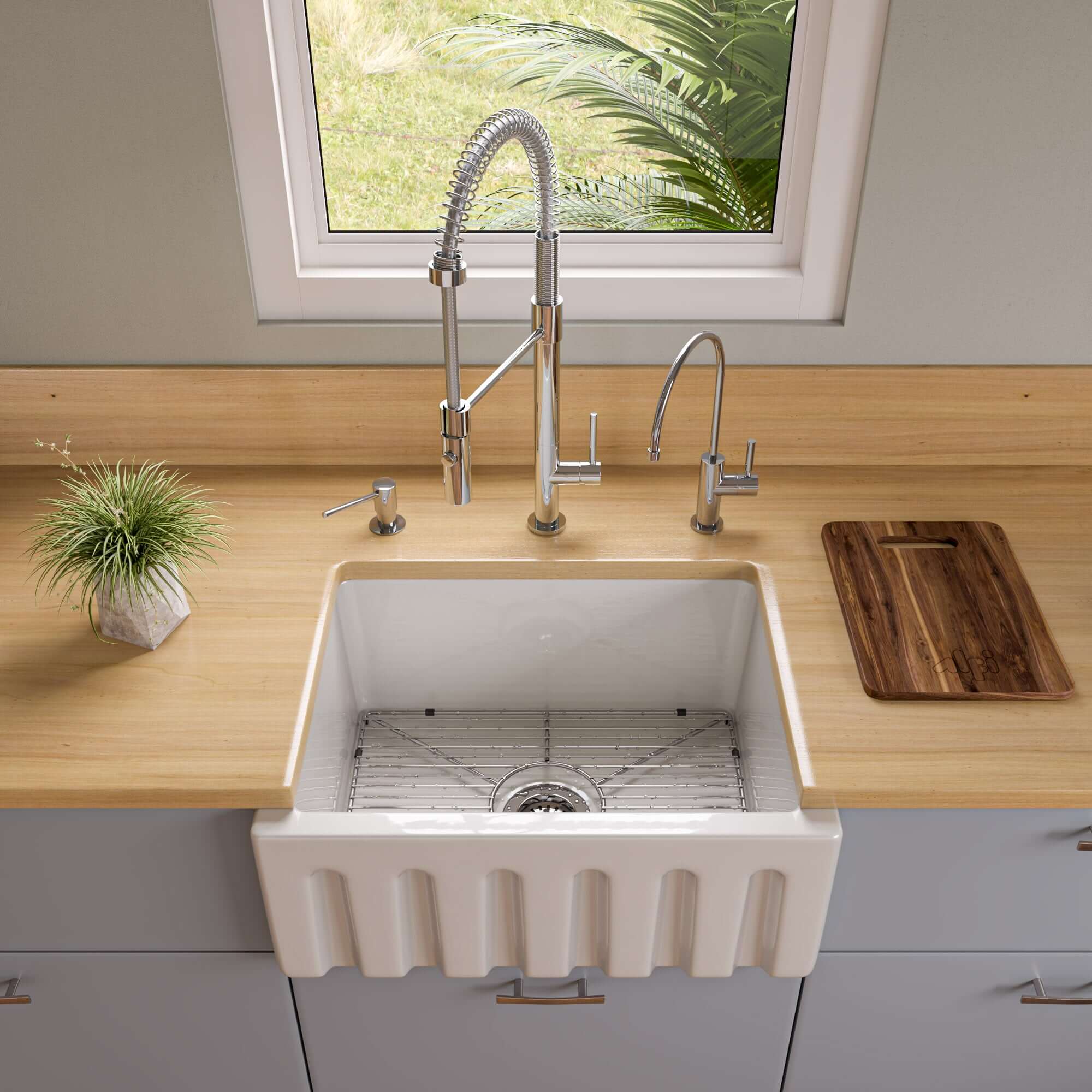 ALFI 24" Single Bowl Fireclay Farmhouse Apron Sink, White, Reversible, AB2418HS-W