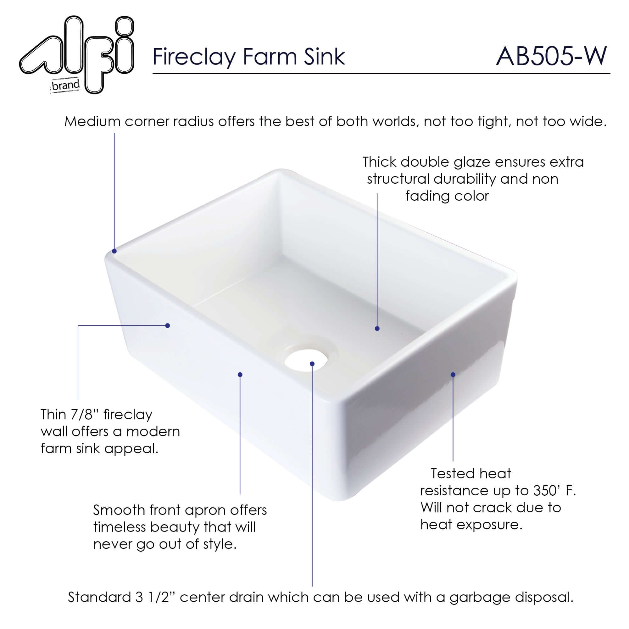 ALFI 26" Contemporary Smooth Fireclay Farmhouse Apron Sink, White - The Sink Boutique