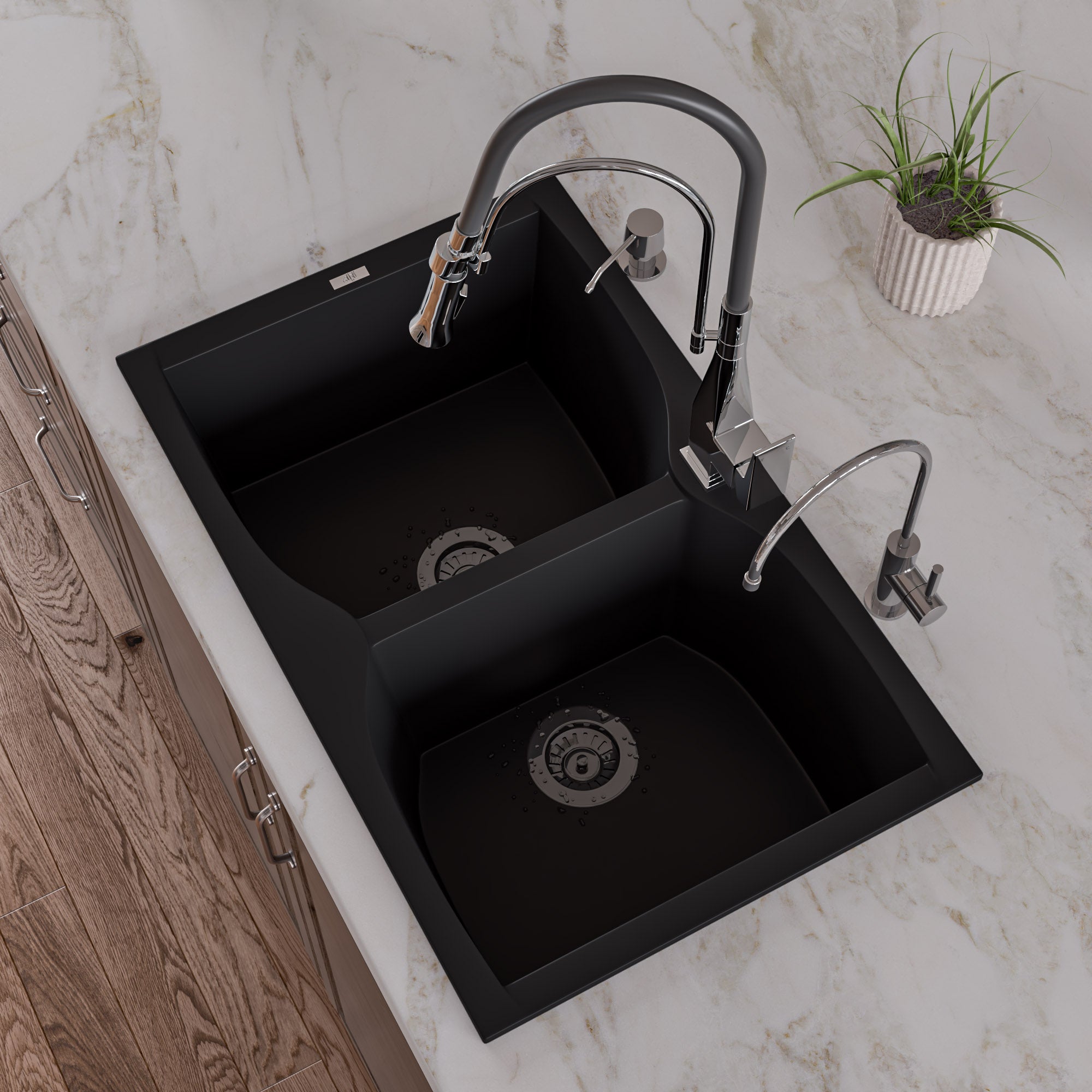 ALFI Black 32" Drop-In Double Bowl Granite Composite Kitchen Sink, AB3220DI-BLA