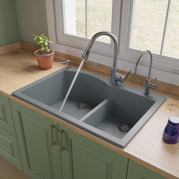 ALFI brand AB3320DI-T Titanium 33" Double Bowl Drop In Granite Composite Kitchen Sink
