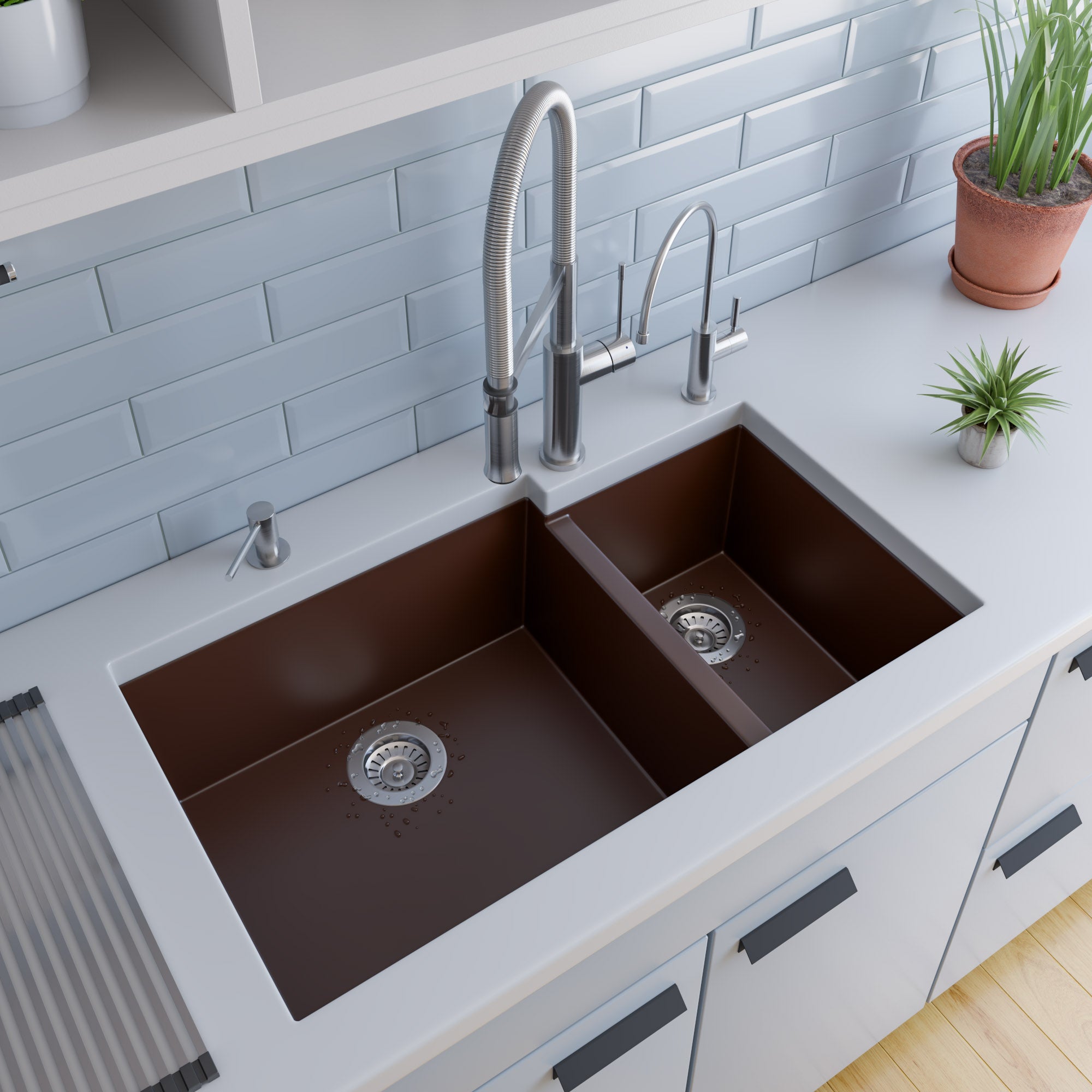 Alternate Image for ALFI brand AB3319UM-C Chocolate 34" Double Bowl Undermount Granite Composite Kitchen Sink
