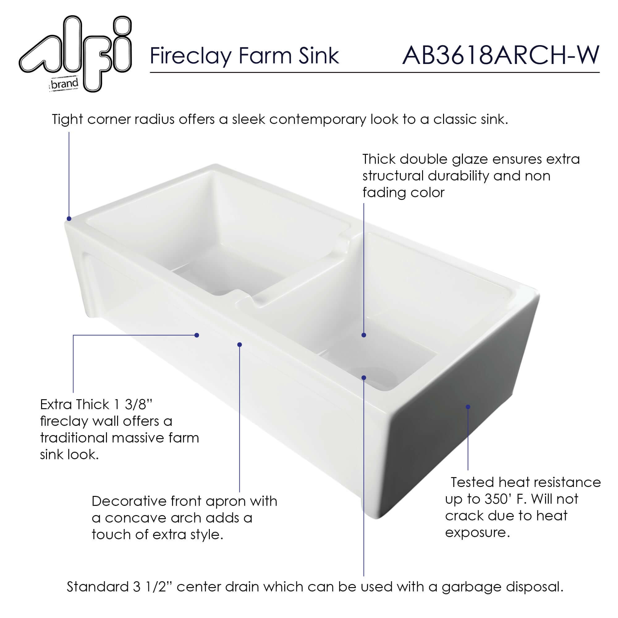 ALFI 36" Double Bowl Thick Wall Fireclay Farmhouse Apron Sink, White, AB3618ARCH-W