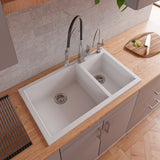 ALFI White 34" Double Bowl Drop In Granite Composite Kitchen Sink, AB3319DI-W