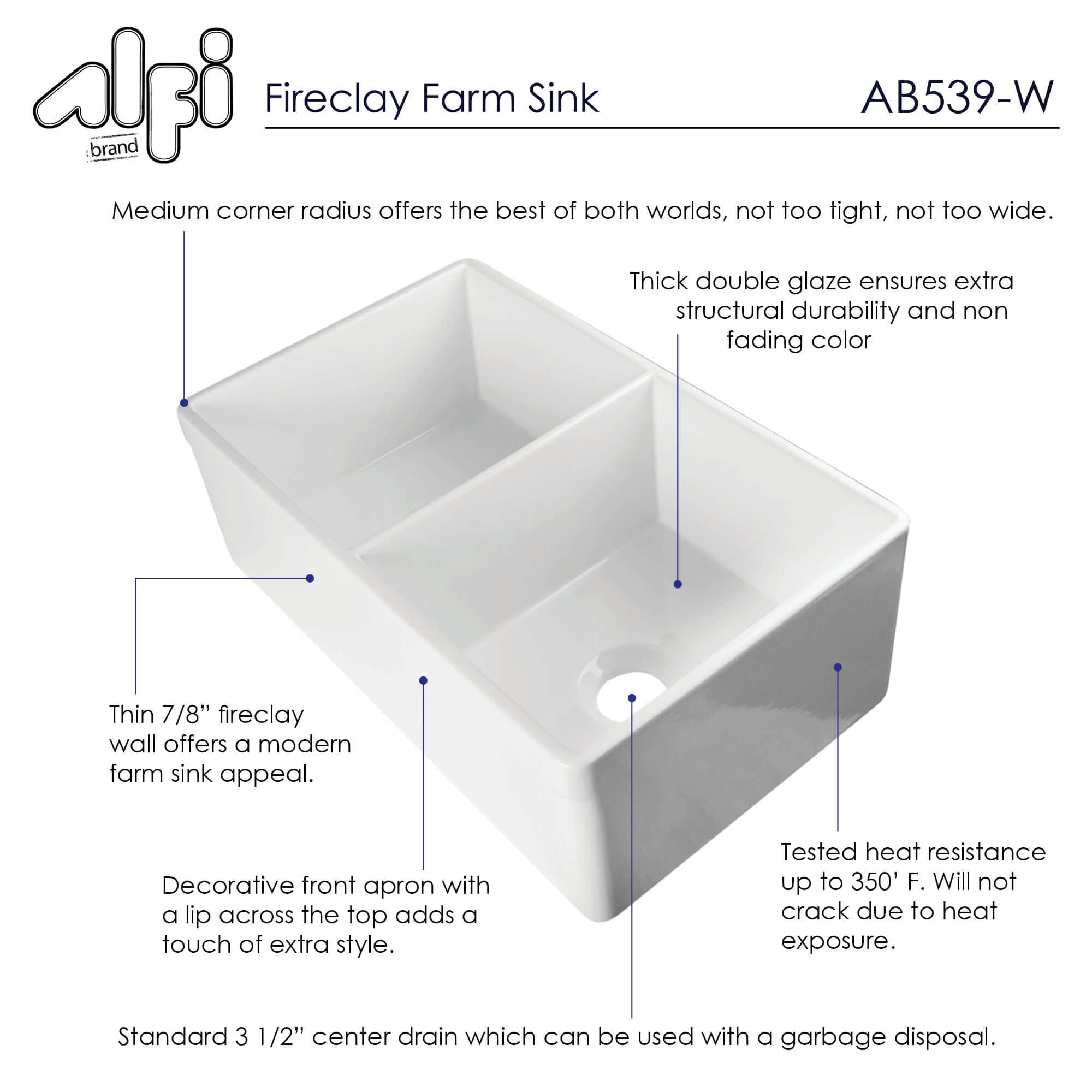 ALFI 32" Decorative Lip Double Bowl Fireclay Farmhouse Apron Sink, White, AB539-W