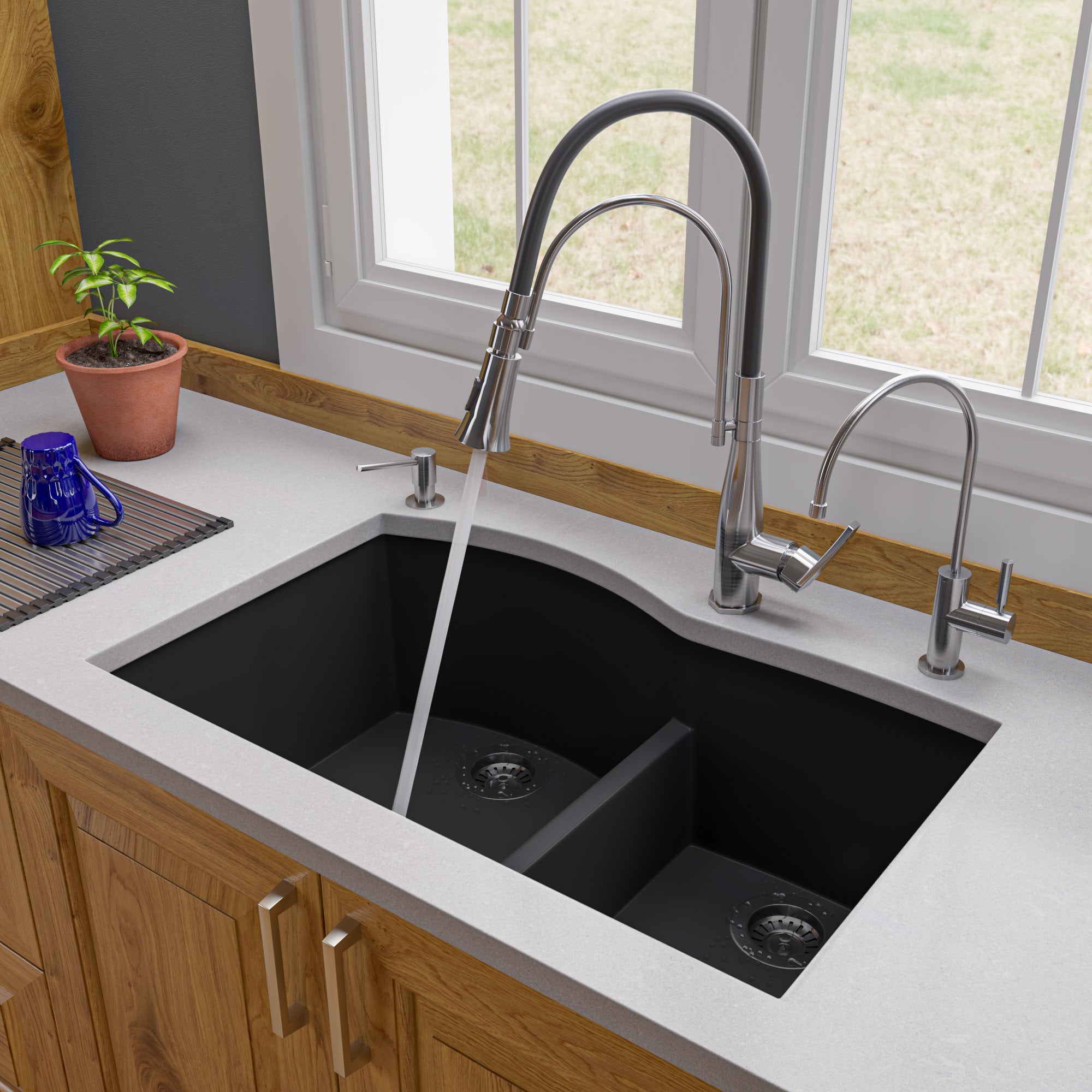 ALFI Black 33" Double Bowl Undermount Granite Composite Kitchen Sink, AB3320UM-BLA