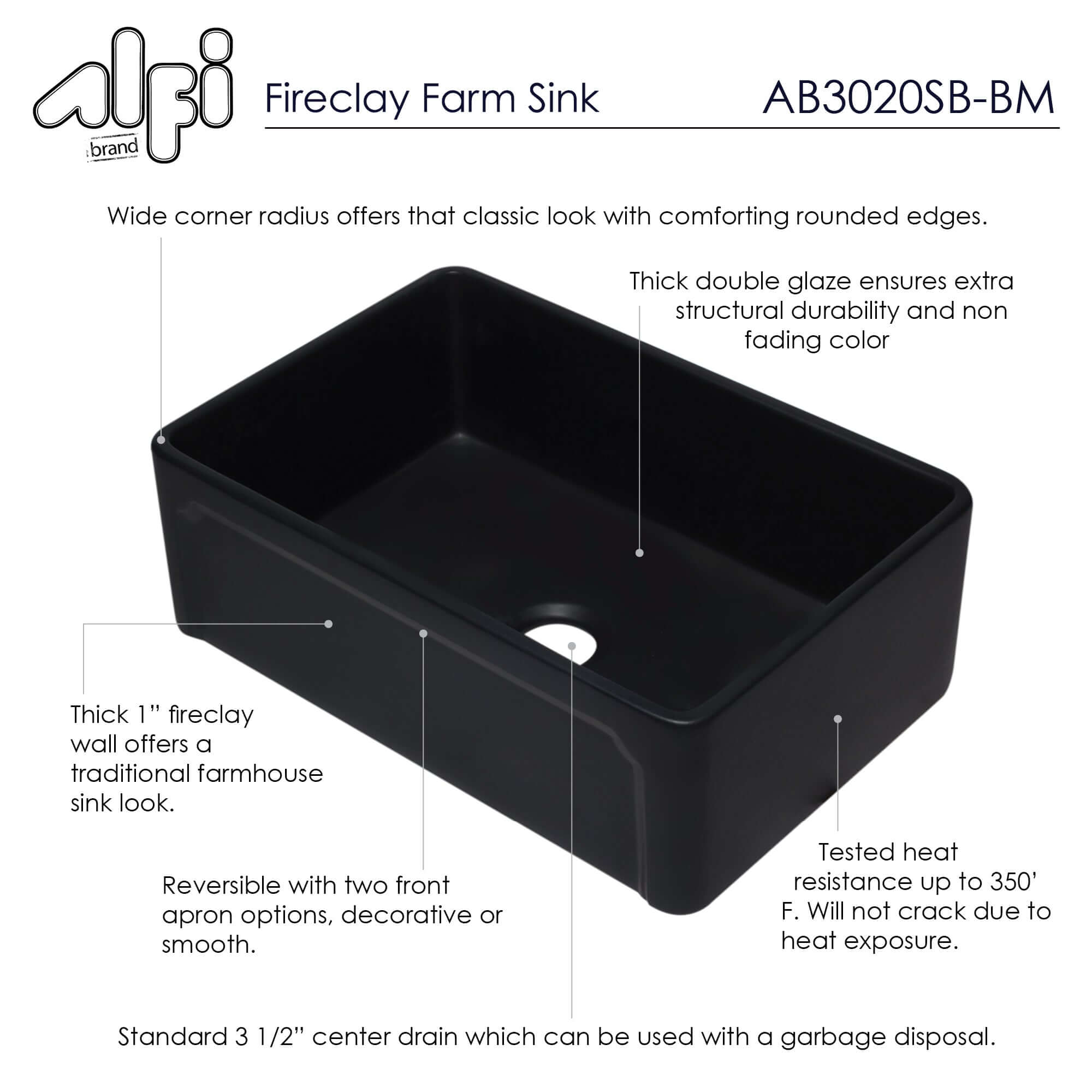 ALFI 30" Single Bowl Fireclay Farmhouse Apron Sink, Black Matte, AB3020SB-BM - The Sink Boutique