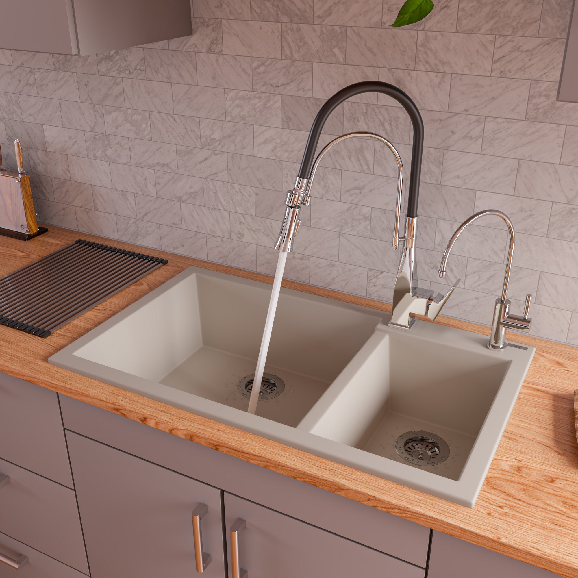 ALFI Biscuit 34" Double Bowl Drop In Granite Composite Kitchen Sink, AB3319DI-B
