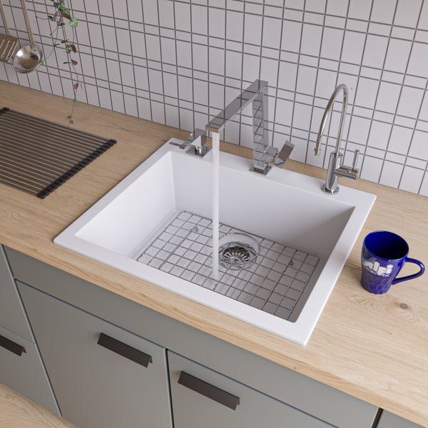 ALFI White 24" Drop-In Single Bowl Granite Composite Kitchen Sink, AB2420DI-W