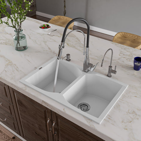ALFI White 32" Drop-In Double Bowl Granite Composite Kitchen Sink, AB3220DI-W