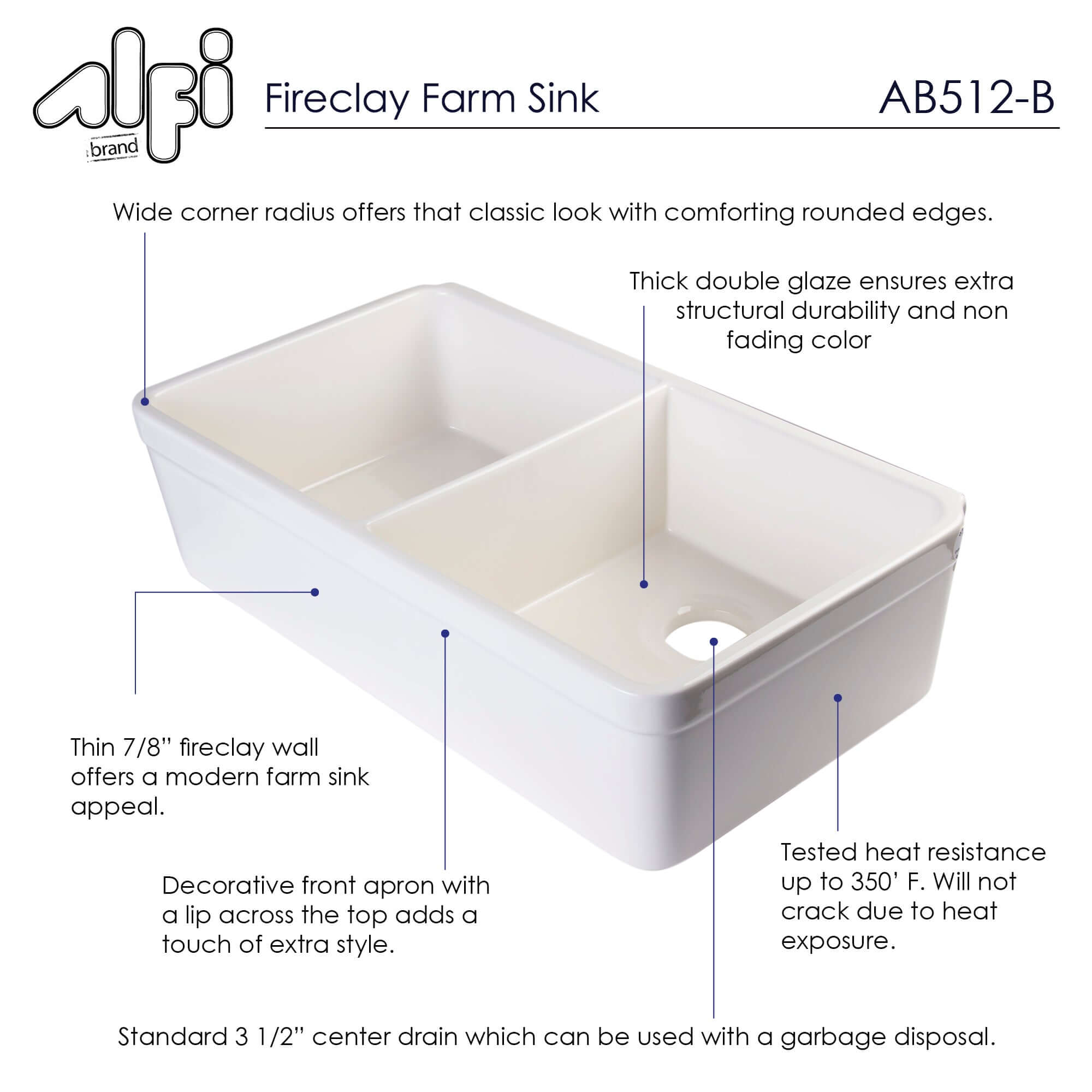 Alternate Image for ALFI 32" Double Bowl Fireclay Farmhouse Apron Sink, Biscuit, AB512-B