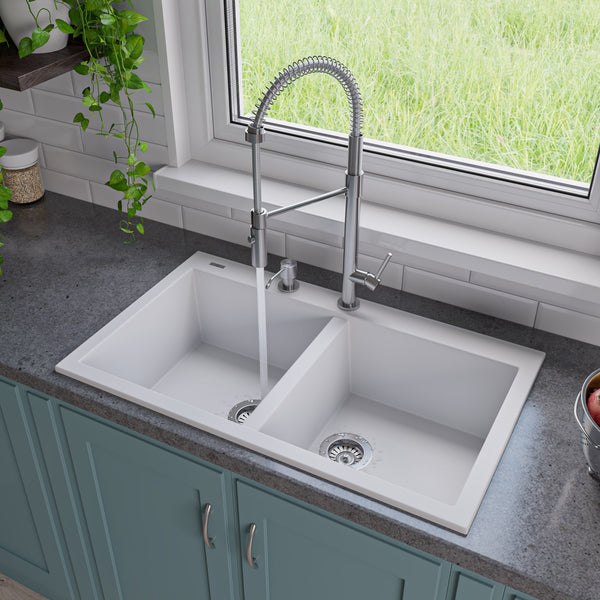 ALFI White 34" Drop-In Double Bowl Granite Composite Kitchen Sink, AB3420DI-W