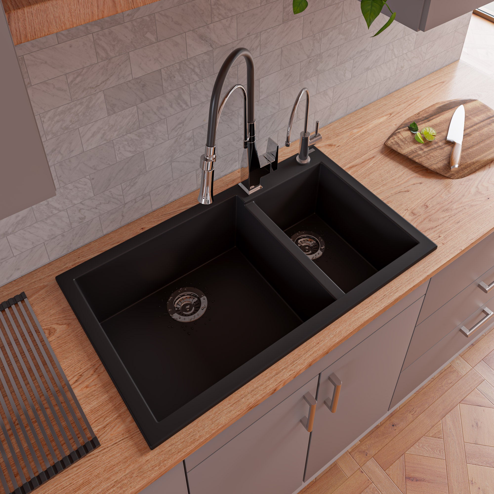 ALFI Black 34" Double Bowl Drop In Granite Composite Kitchen Sink, AB3319DI-BLA
